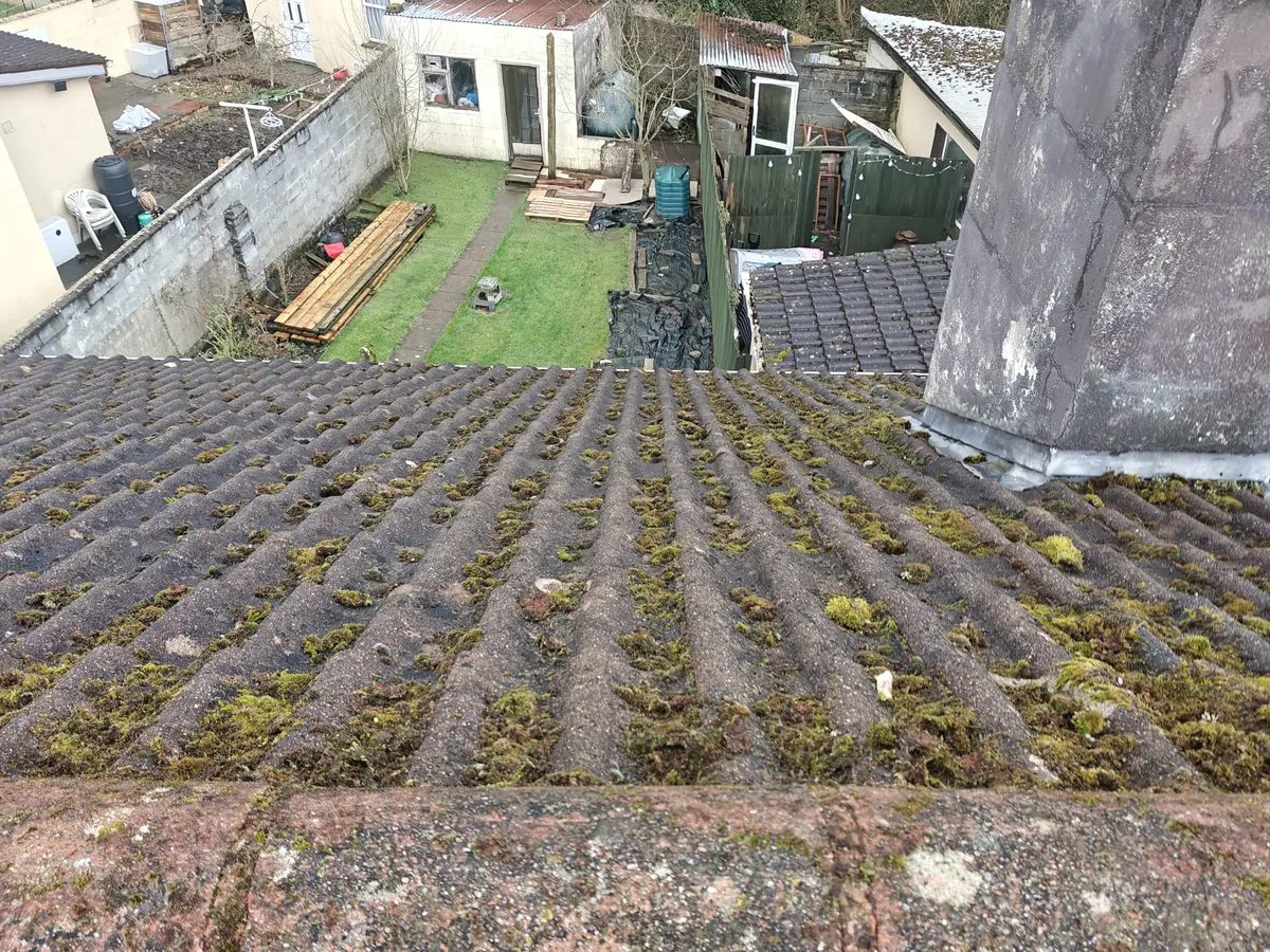 A moss-covered tile roof seen from above, with a lead-lined chimney and the back gardens below